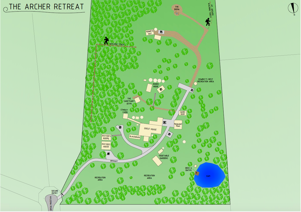 Site map of The Archer Retreat showing the guest house, cabins, walking tracks and recreation areas